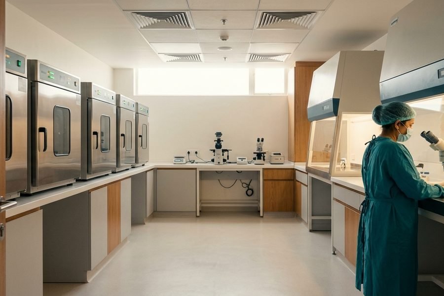 The embryology laboratory at Varija IVF, shot through the viewing glass