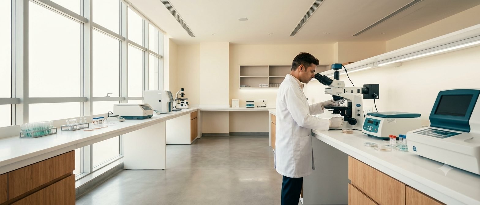 The andrology lab or the male consultation room, shot wide. Ordinary, clinical, matter of fact. The whole job of this image is to make the subject unremarkable, so avoid anything shadowed, furtive or shame-coded.