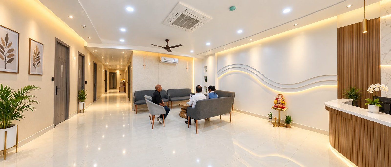 The reception and waiting lounge at Varija IVF, with a patient coordinator speaking to a couple