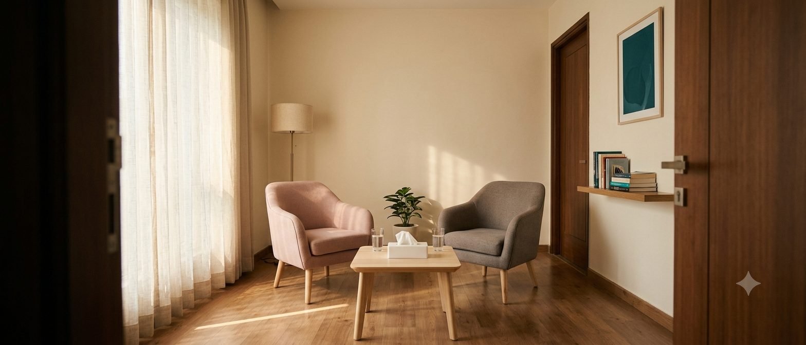 The private counselling room, empty or with a counsellor alone, shot wide in warm light. Two chairs at an angle rather than across a desk. This page is read by people who feel exposed, so the image must promise discretion, not display patients.