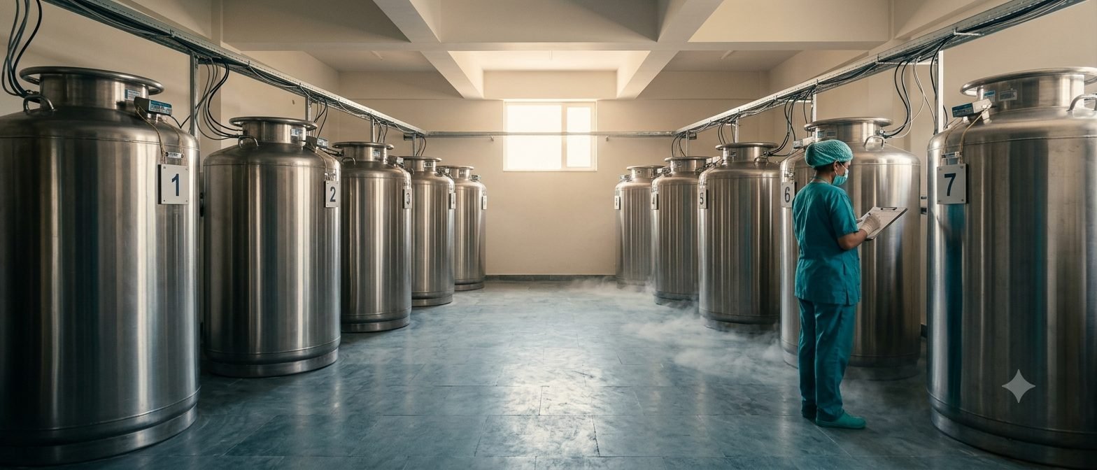 The cryostorage room shot wide, tanks in a row, vapour if you can catch it, an embryologist logging a sample. The cold blues of this room are the one place on the site where a cool image is right, and it reads as permanence, which is what this page is really selling.