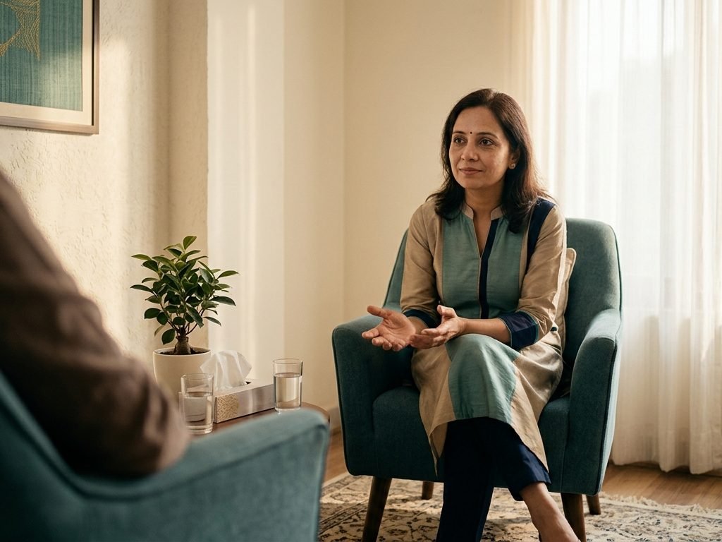A private counselling conversation, or a detail shot of the consultation room. This page is read by people who feel exposed, so keep it warm and discreet.