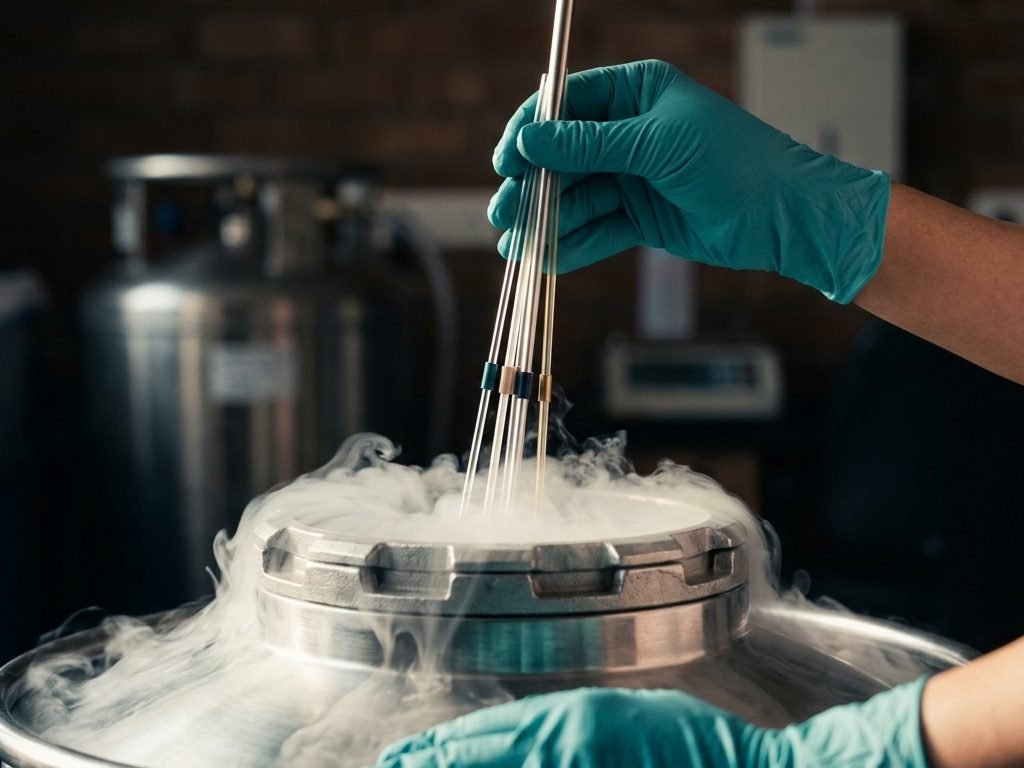 Cryostorage tanks or vitrification straws. Cold blues here work beautifully against the warm site palette.