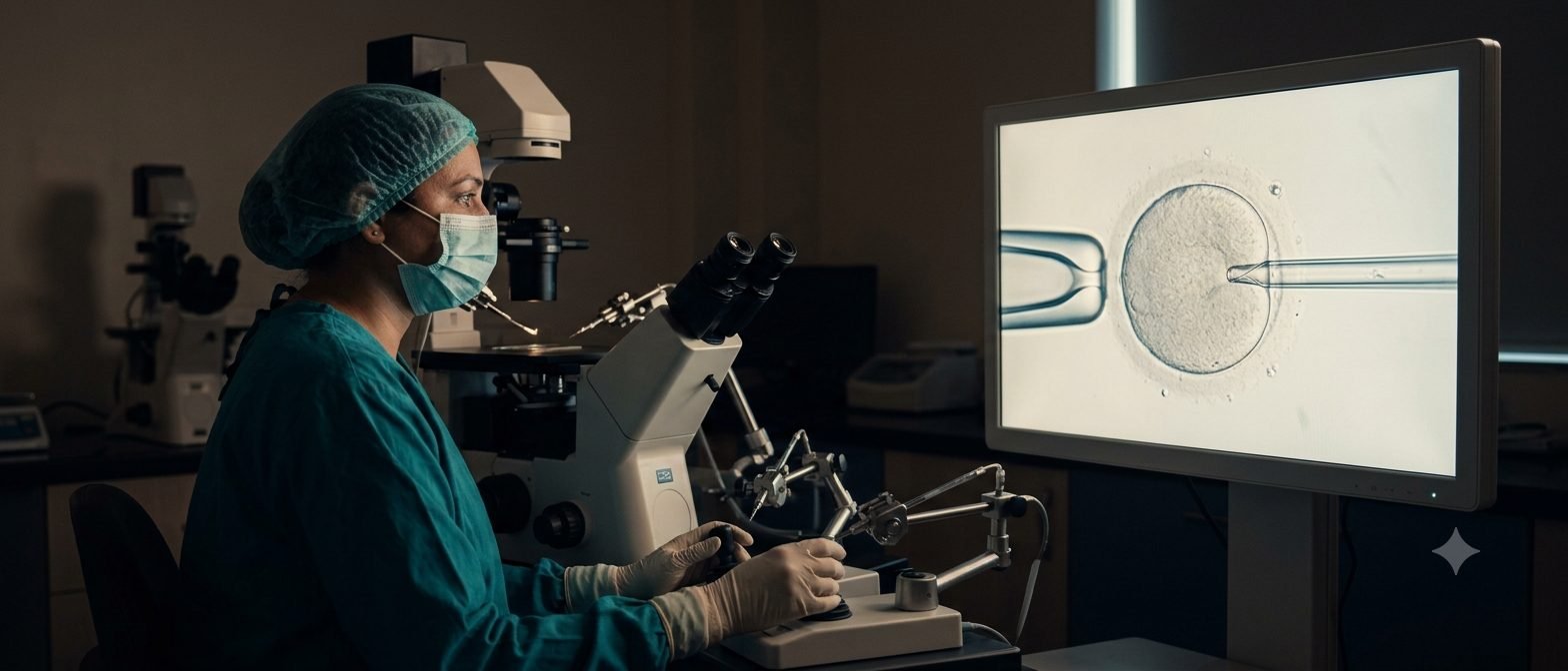 The micromanipulator station shot wide, with the injection view on the monitor beside it. ICSI is the most technical page on the site and this image is the one that earns the price. Capture the injection on screen from your own lab if you can.