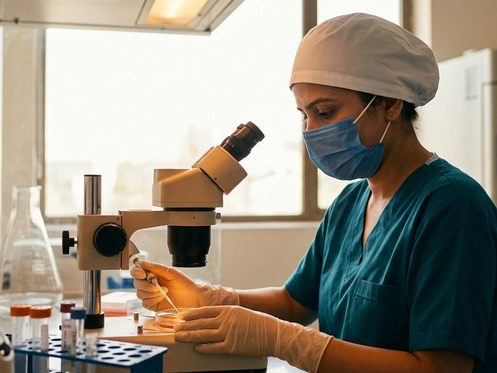 Embryologist at the micromanipulator, or the injection view through the microscope. This visual is genuinely persuasive, worth doing well.