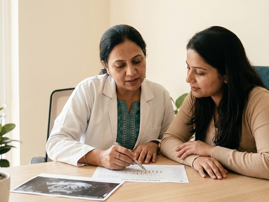Doctor with a patient discussing a cycle chart or scan. Calm and reassuring rather than clinical.