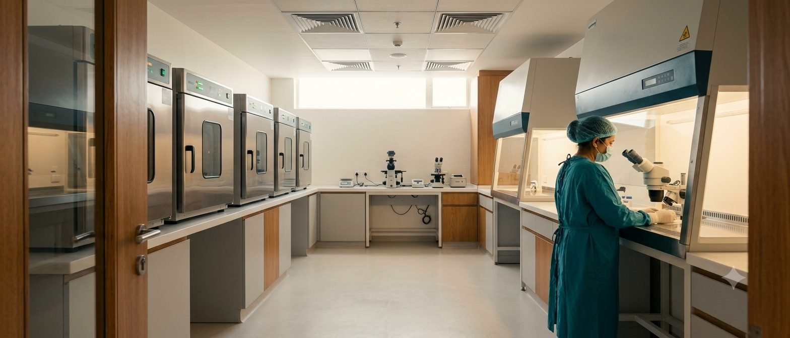 The IVF lab during a working cycle, shot wide. Incubators, an embryologist at the hood, the scale of the room visible. IVF is the page where people most want to see the machinery that will hold their embryos, so show it properly.