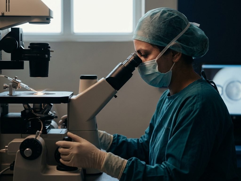 Embryologist at work, or a consultation moment specific to IVF. Warm light, avoid generic lab stock.
