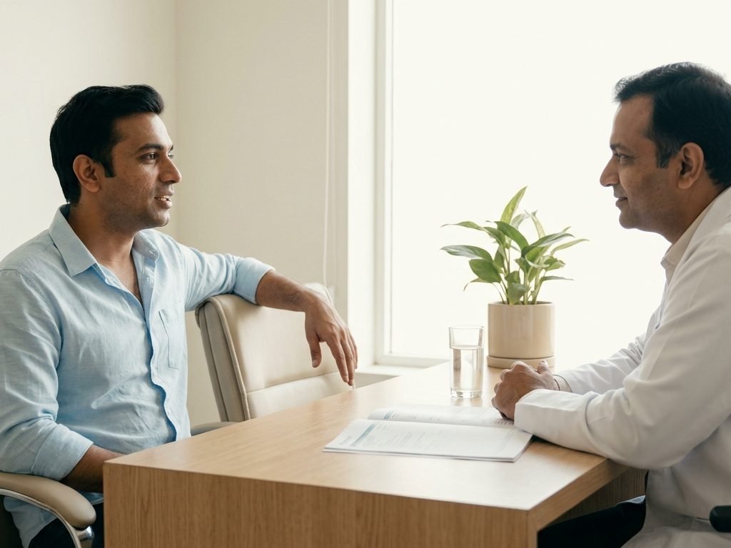 Male patient in consultation, or andrology lab work. Normalising the conversation is the goal. Avoid anything that reads as shameful.