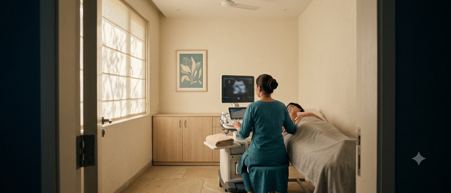 A monitoring scan in progress, shot wide from the doorway so nobody is identifiable. IUI is the gentlest treatment offered and the image should feel like an ordinary, unfrightening clinic visit rather than a procedure.
